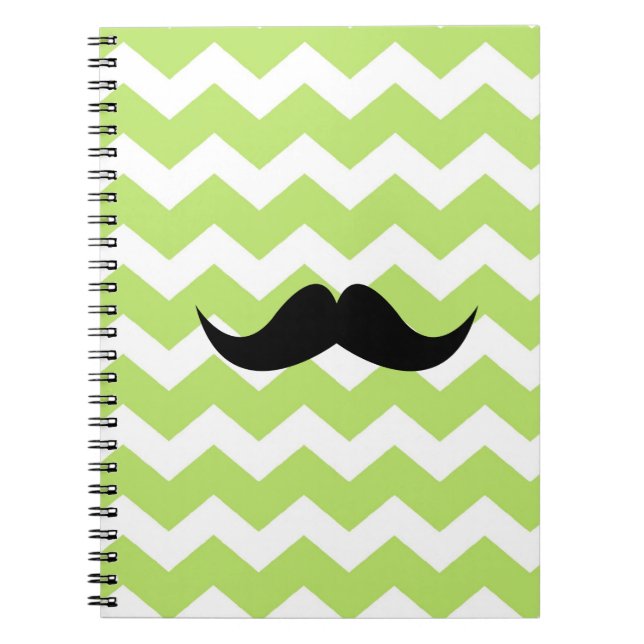Green chevron zigzag pattern black mustache chic notebook (Front)