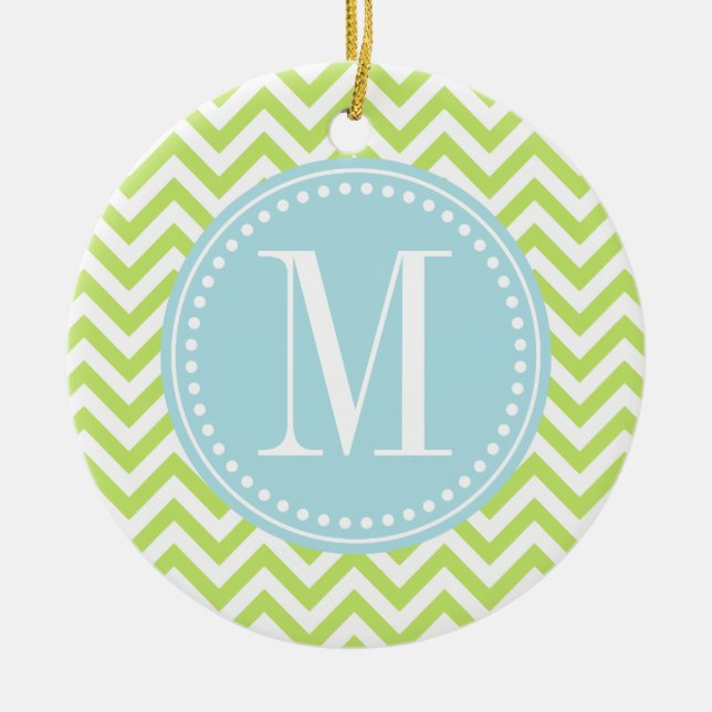Green Chevron Zigzag Personalized Monogram Ceramic Ornament (Front)