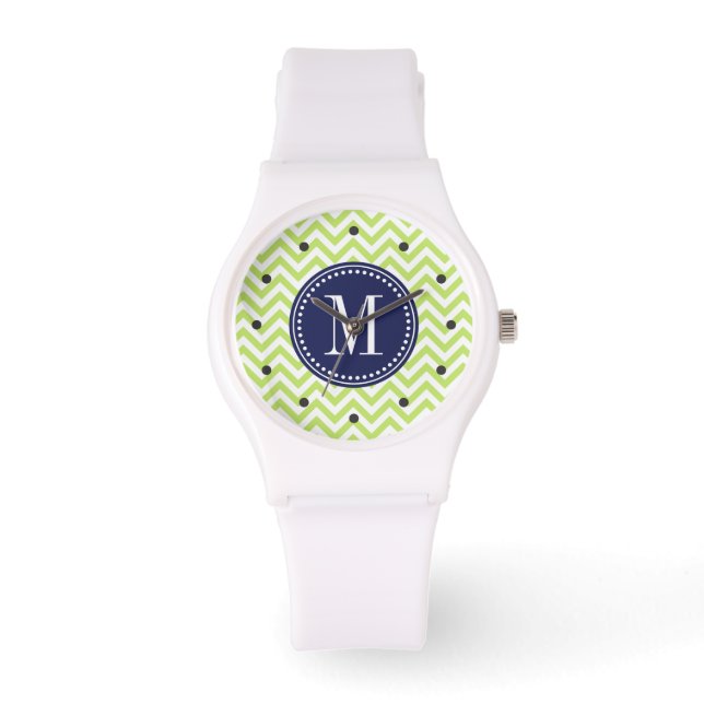 Green Chevron Zigzag Personalized Monogram Watch (Front)