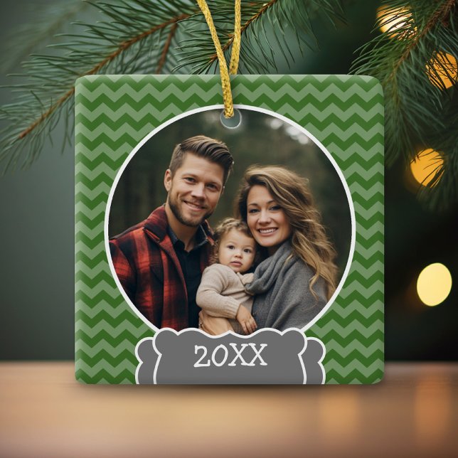 Green chevrons photo frame with year ceramic ornament (Personalized Photo Ornament - Christmas Keepsake)