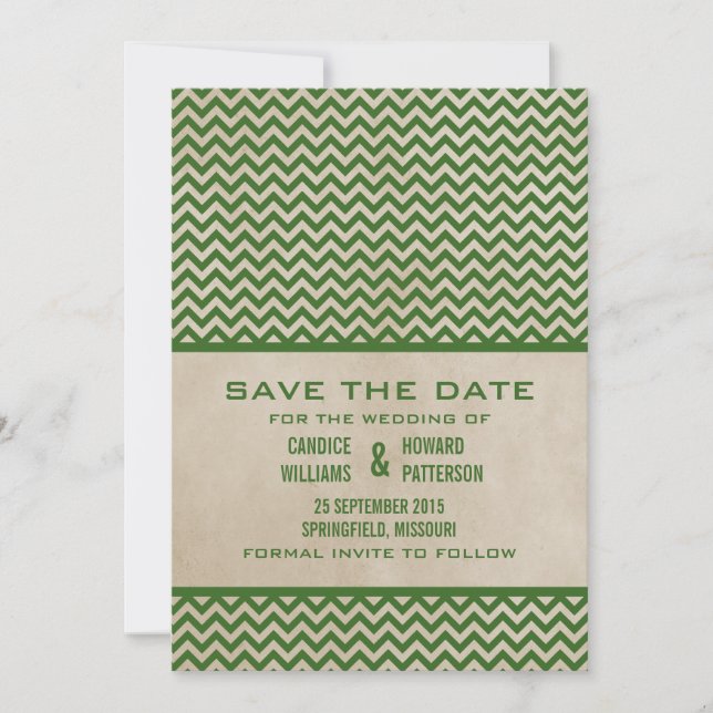 Green Chic Chevron Save the Date Invite (Front)