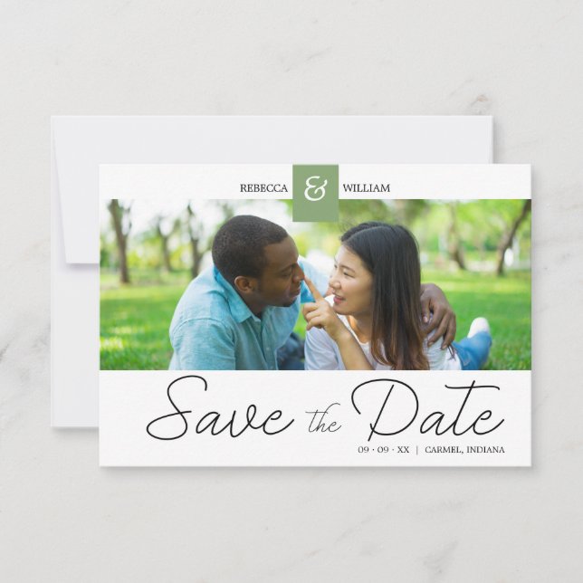 Green Chic Custom Photo Instant Engaged Couple Save The Date (Front)