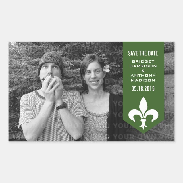 Green Chic Flourish Banner Save the Date Stickers (Front)