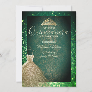 Green chic Gold sequins dress tiara Quinceañera  I Invitation