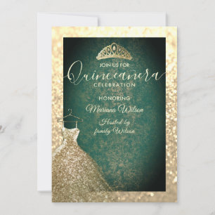 Green chic Gold sequins dress tiara Quinceañera I Invitation