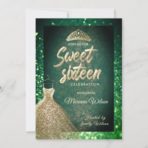 Green chic Gold sequins dress tiara Sweet 16 Invitation