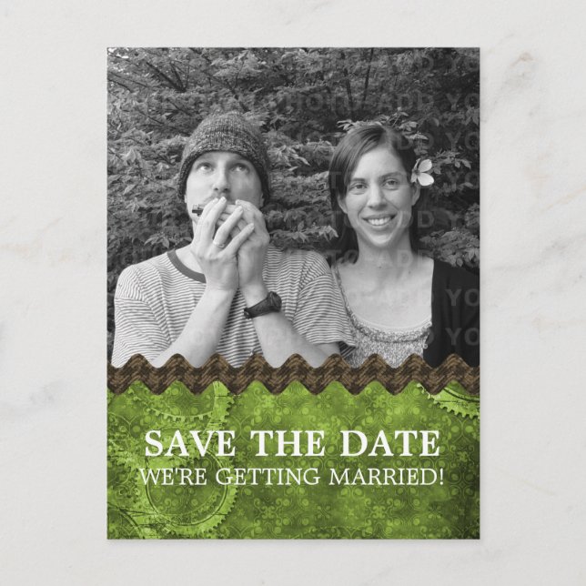 Green Chic Steampunk Photo Save the Date Postcard (Front)