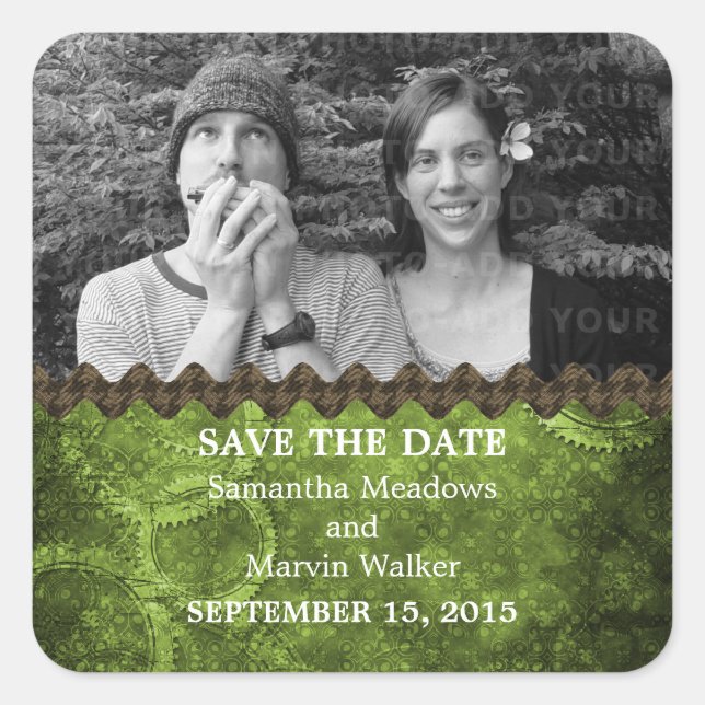Green Chic Steampunk Photo Save the Date Stickers (Front)