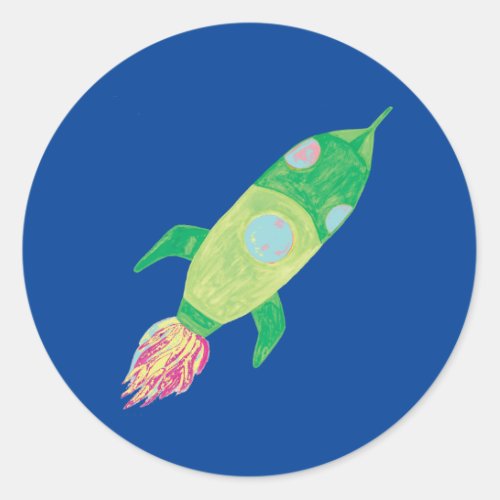 Green Childish Space Rocket Classic Round Sticker