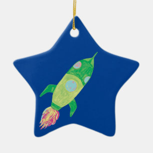 Green Childish Space Rocket Star Ceramic Ornament