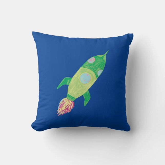 Green Childish Space Rocket Star Throw Pillow (Front)