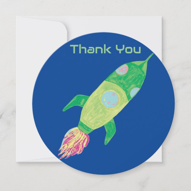 Green Childish Space Rocket Thank You Card (Front)