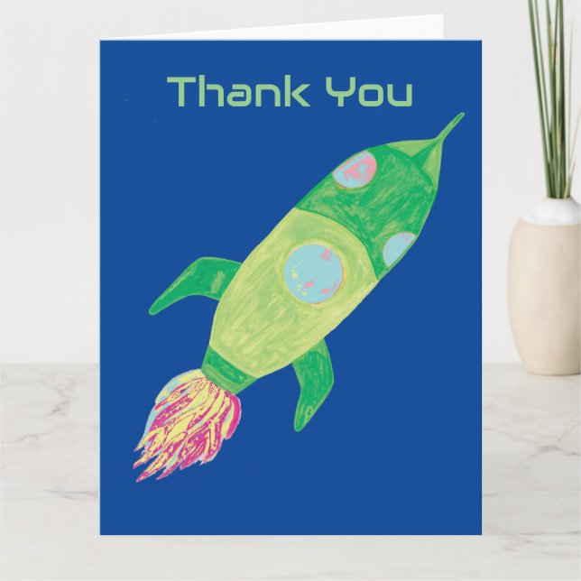 Green Childish Space Rocket Thank You Card (Front)