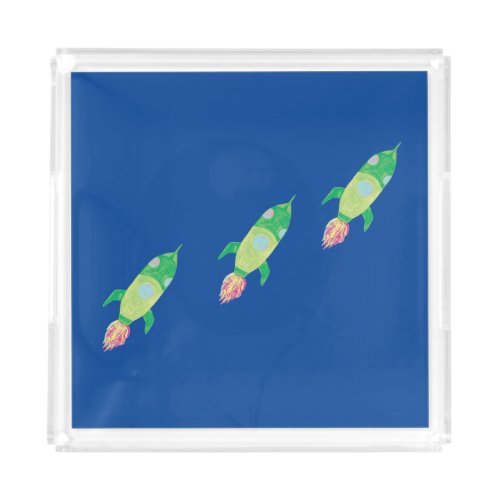 Green Childish Space Rockets  Acrylic Tray