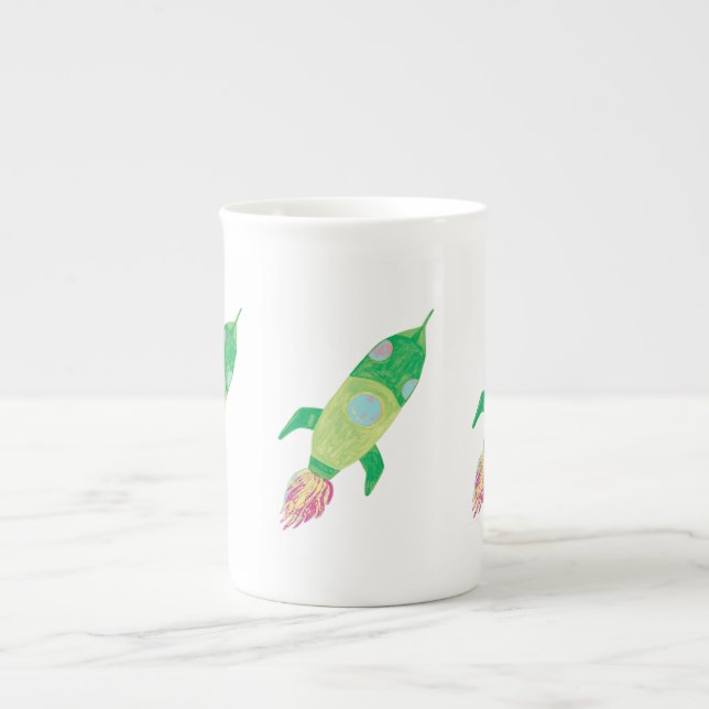 Green Childish Space Rockets  Bone China Mug (Front)