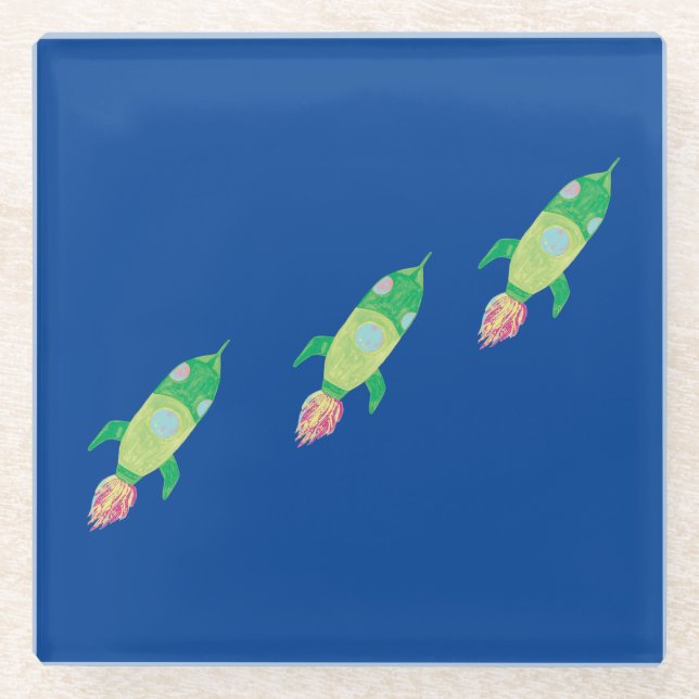 Green Childish Space Rockets  Glass Coaster (Front)