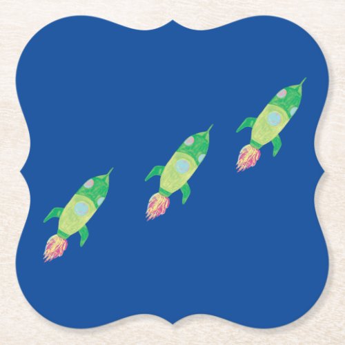 Green Childish Space Rockets  Paper Coaster