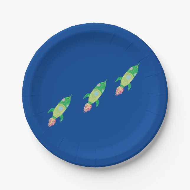 Green Childish Space Rockets  Paper Plates (Front)