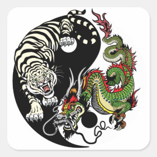 green Chinese Dragon and White Tiger YIN YANG Square Sticker