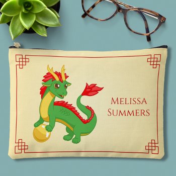 Green Chinese Dragon Custom Name Accessory Pouch by Chibibi at Zazzle
