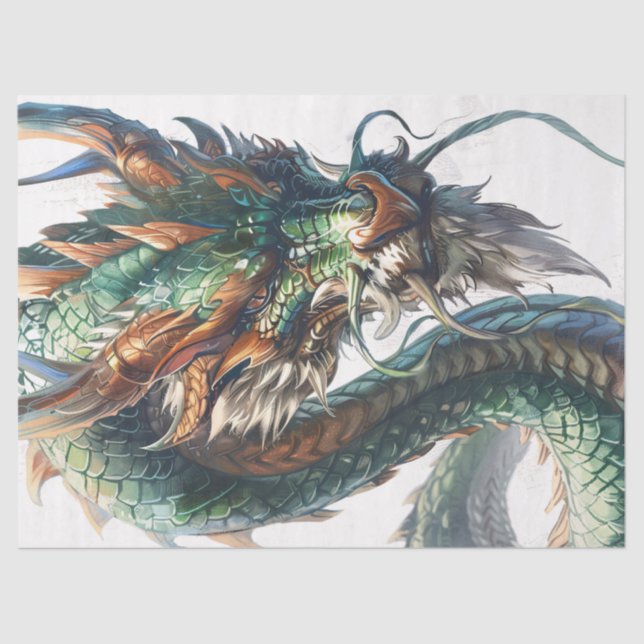 Green Chinese Dragon Illustration Decoupage Tissue Paper (Front)