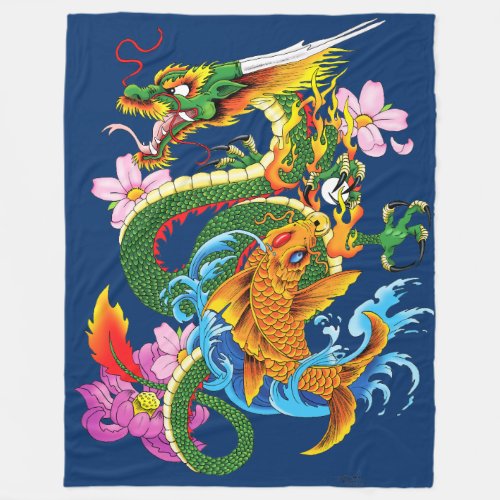 Green Chinese Dragon Koi Fleece Blanket