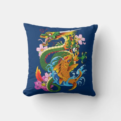 Green chinese Dragon Koi Throw Pillow