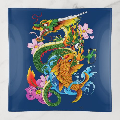 Green Chinese Dragon Koi Trinket Tray