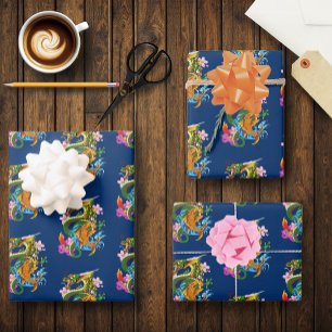 Green Chinese Dragon Koi Wrapping Paper Sheets