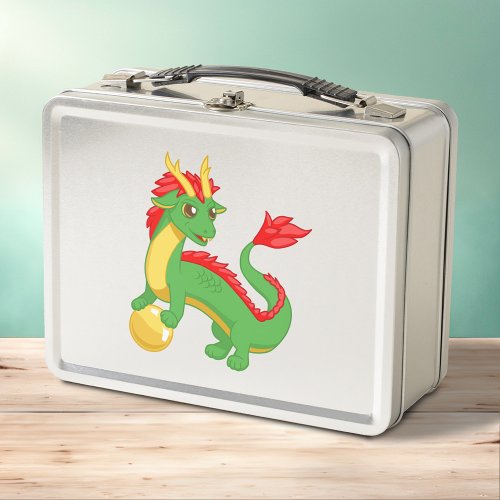 Green Chinese Dragon on Black Metal Lunch Box