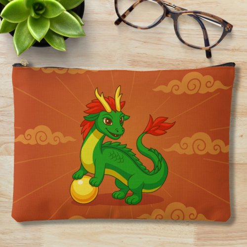 Green Chinese Dragon on Red Accessory Pouch