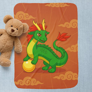 Green Chinese Dragon on Red Baby Blanket