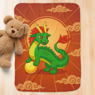 Green Chinese Dragon on Red Baby Blanket