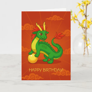 Green Chinese Dragon on Red Birthday Blank Card