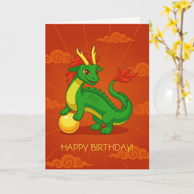 Green Chinese Dragon on Red Birthday Blank Card (Yellow Flower)