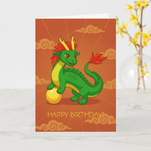 Green Chinese Dragon on Red Birthday Blank Card