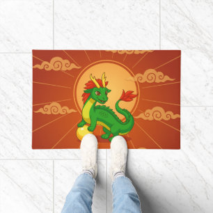 Green Chinese Dragon on Red Doormat