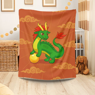 Green Chinese Dragon on Red Fleece Blanket