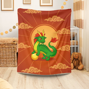 Green Chinese Dragon on Red Fleece Blanket