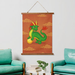 Green Chinese Dragon on Red Hanging Tapestry