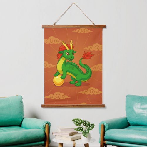 Green Chinese Dragon on Red Hanging Tapestry