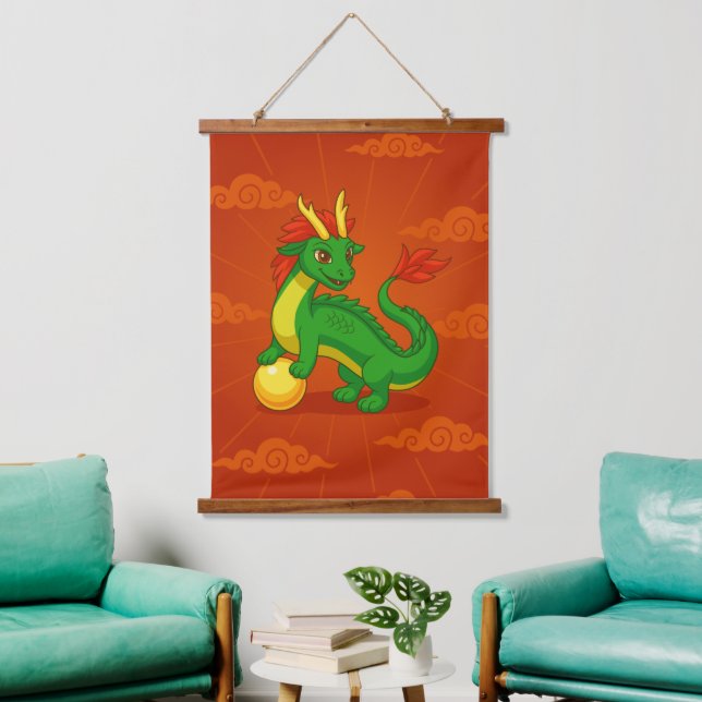 Green Chinese Dragon on Red Hanging Tapestry (Living Room)