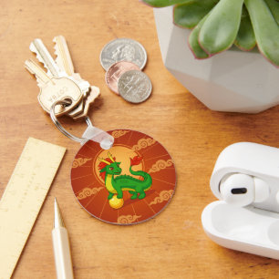 Green Chinese Dragon on Red Keychain