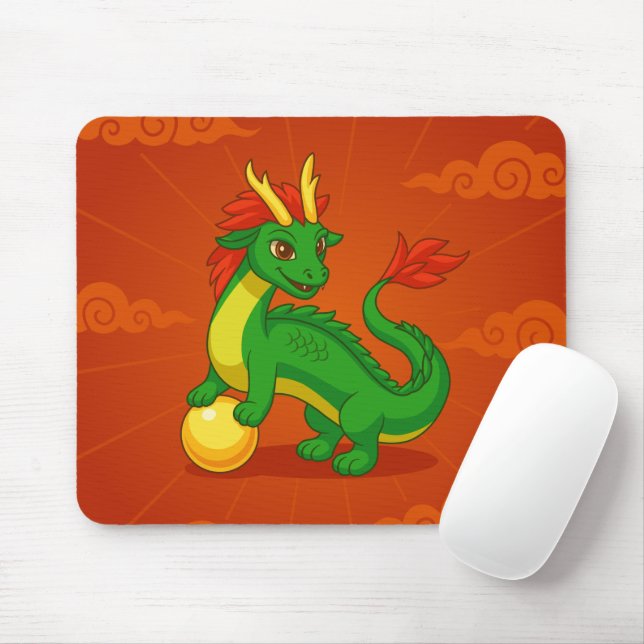 Green Chinese Dragon on Red Mouse Pad (With Mouse)