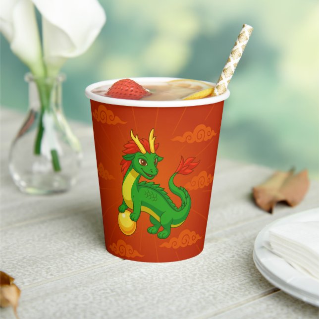 Green Chinese Dragon on Red Paper Cups (Insitu)