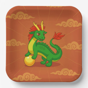 Green Chinese Dragon on Red Paper Plates