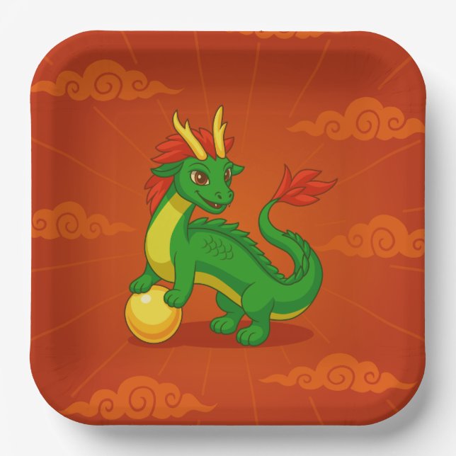 Green Chinese Dragon on Red Paper Plates (Front)