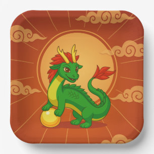 Green Chinese Dragon on Red Paper Plates