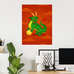 Green Chinese Dragon on Red Poster