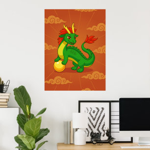 Green Chinese Dragon on Red Poster